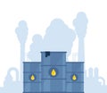 Barrels with oil drop icon and highly polluting factory plant with smoking towers and pipes on background. Barrel with waste.
