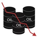 Barrels of oil with red falling arrow of the economic chart. Financial world crisis and global oil trade concept. Down of oil