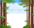 Barrels of pines and fir trees. Plant frame. Cute funny floral green landscape. Rural countryside. Illustration in