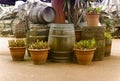 Barrels and pots placed indoor Royalty Free Stock Photo