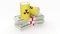 Barrels for radioactive biohazard waste on stacks of dollar banknotes Royalty Free Stock Photo