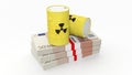 Barrels for radioactive biohazard waste on stacks of euro banknotes