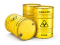 Barrels with radioactive waste isolated on white, Manufacturing of nuclear power and utilization of radioctive materials