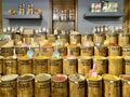 Barrels with spices on the counter of the store. A variety of Turkish cooking spices. Grocery and souvenir shop, Turkey, Fethia -