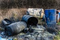 Barrels of toxic waste in nature Royalty Free Stock Photo