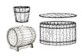 Barrels, tubs made of wood sketch. Containers for wine or other food products.