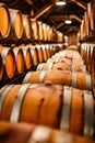 Barrels of wine or beer are stacked on top of one another in cellar with at least three stacks visible. Generative AI Royalty Free Stock Photo