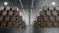 Barrels of wine, whiskey, bourbon liqueur or cognac in the basement. Aging of alcohol in oak barrels in warehouse. Wine