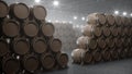 Barrels of wine, whiskey, bourbon liqueur or cognac in the basement. Aging of alcohol in oak barrels in warehouse. Wine Royalty Free Stock Photo