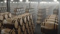 Barrels of wine, whiskey, bourbon liqueur or cognac in the basement. Aging of alcohol in oak barrels in warehouse. Wine Royalty Free Stock Photo