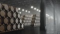 Barrels of wine, whiskey, bourbon liqueur or cognac in the basement. Aging of alcohol in oak barrels in warehouse. Wine