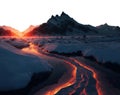 barren alien frozen sci-fi vast landscape with frozen terrain and a lake, river of fire and lava. transparent PNG background. Royalty Free Stock Photo