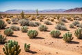 A barren desert landscape with cracked ground stretching for miles, dotted with resilient cacti standing tall against Royalty Free Stock Photo