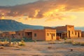 A barren desert landscape stretches out, with a mighty mountain rising in the distance, Adobe pueblo homes in the Southwest at Royalty Free Stock Photo