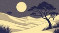 Barren Desert Night with Full Moon and Sparse Tree, Ethereal Solitude, vector design Generative AI Royalty Free Stock Photo