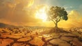 Barren dry landscape with cracked soil with a single green tree, for World Day to Combat Desertification and Drought