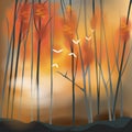 Barren forest background in sunset scene