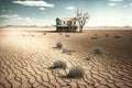 Barren landscape fith crached dried soil, abandoned farm and dead tree in a distance. Rural depopulation concept, generative AI Royalty Free Stock Photo