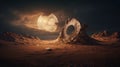 barren landscape with a giant moon in the sky and an antique clock partially buried in the sand