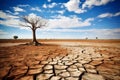 Barren landscape with parched soil and lifeless tree. AI