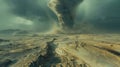 A barren plain is transformed into a twisted otherworldly landscape as a tornado touches down and reshapes the land