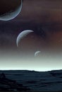 alien landscape twilight with a trio of moons in the night sky