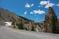 Barren rural landscape surrounds the scenic mountain road in the sunny Alps. Royalty Free Stock Photo