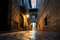 Barri Gothic Quarter and Bridge of Sighs at night in Barcelona, Catalonia, Spain Royalty Free Stock Photo