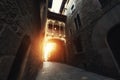 Barri Gothic Quarter and Bridge of Sighs during sunrise in Barcelona, Catalonia, Spain.. Royalty Free Stock Photo