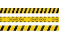 Barricade tape, warning yellow line with stripes, do not cross in cartoon style isolated on white background. Crime