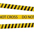Barricade tape, warning yellow line with stripes, do not cross in cartoon style isolated on white background. Crime