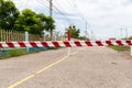 The barrier close the road. loses the passage for cars. Traffic forbidden road sign on a main road.Protected area, entrance is pro