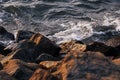 Barrier and rock dam, protection seawater and wave at the estuary,stones to protect the shore from the surf of the sea waves