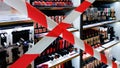 Barrier tape cross on decorative cosmetics store display forbidden for testing