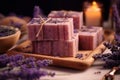 Bars of handmade lavender soap with lavender flowers, created by Generative AI Royalty Free Stock Photo