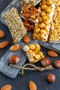 Bars with honey, nuts, peanuts and sunflower seeds. Royalty Free Stock Photo