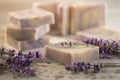 Bars of lavender scented homemade soap with fresh flowers Royalty Free Stock Photo