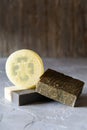 Bars of natural soap with dried herbs and soap with loofah. Natural Herbal Products. Spa