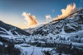 Bars, restaurants, hotels and residential building of El Tarter and Soldeu town at sunset, Andorra