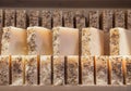 Bars of soap on a shop window. Lavender soap with natural cedar oil, turpentine and herbal ingredients. Handmade natural cold