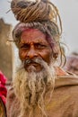 Barsana, India - February 23, 2018 - Old man with grey beard and top-knot in Holi festival Royalty Free Stock Photo