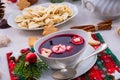 Barszcz beetroot soup with small pierogi