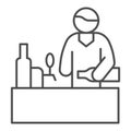 Bartender at bar table thin line icon, Craft beer concept, barman sign on white background, Bar counter and person in