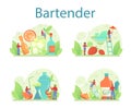 Bartender concept set. Barman preparing alcoholic drinks with shaker at bar