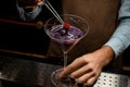 Bartender decorated purple alcoholic cocktail with a red flower by tweezers