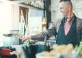 Bartender doing flair inside american bar - Barman at work performing freestyle - Focus on man face - Bartending, vacation, Royalty Free Stock Photo