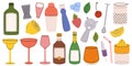 Bartender Equipment Vector Set. Shakers, Jiggers, Muddlers, Strainers, And Pour Spouts, Designed For Mixology