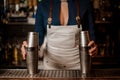 Bartender girl holding two steel cocktail shakers on the bar cou