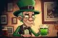 bartender in a green hat serves beer at the bar on St. Patrick's Day. Cartoon style