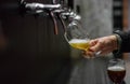 Bartender hand at beer tap pouring a draught beer in glass serving in a restaurant Royalty Free Stock Photo